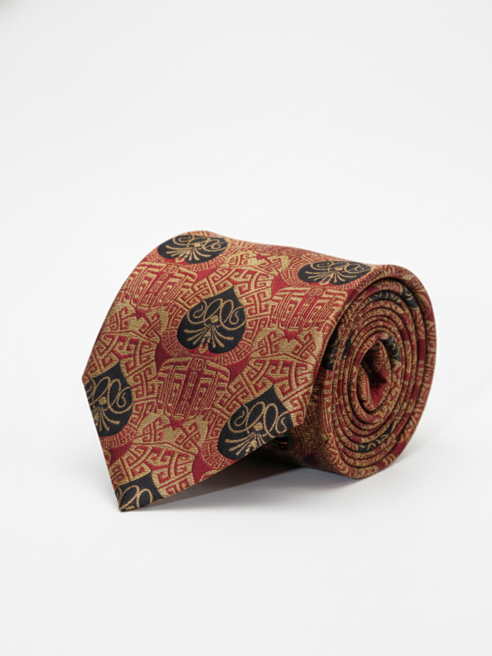 Premium Men's Silk-Blend Necktie – Crimson Red and Antique Gold Tie with Ornate Black Spade Medallions and Geometric Maze Pattern