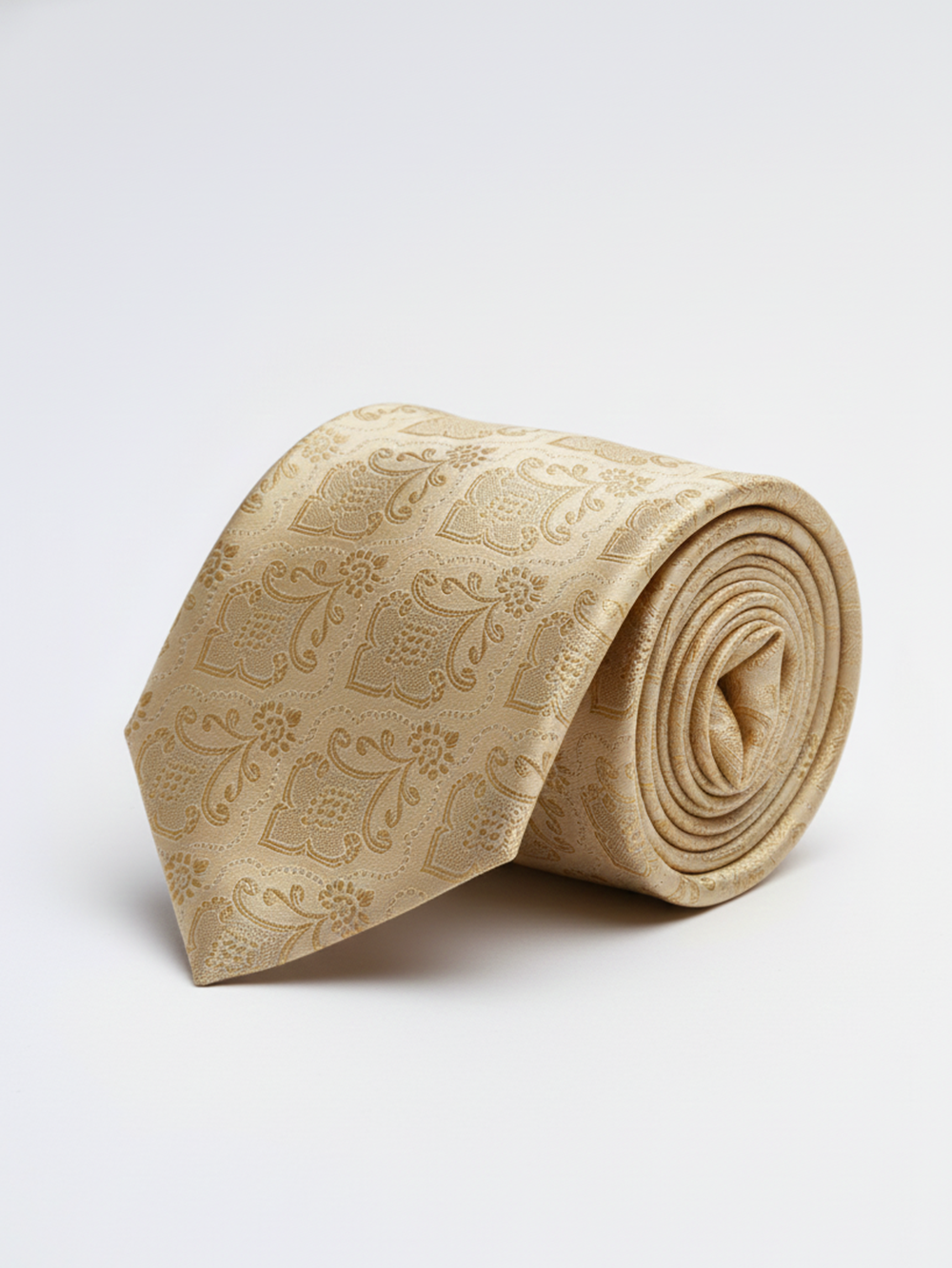 Premium Men's Silk Necktie – Luxury Champagne Gold Floral Damask Jacquard Patterned Tie