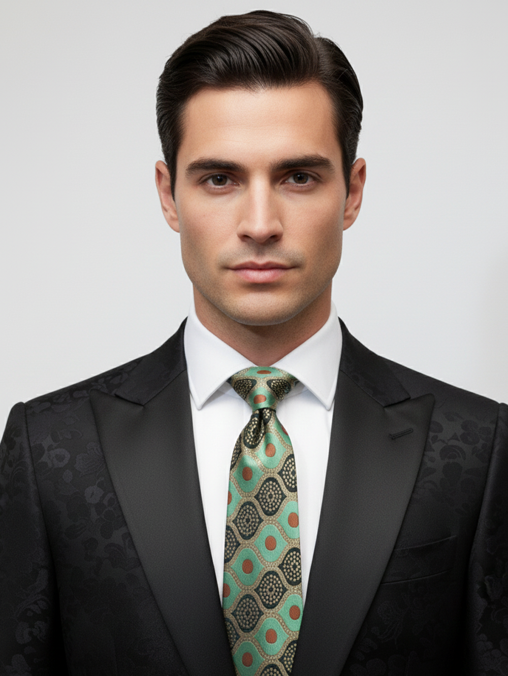 Premium Men's Silk-Blend Necktie – Mint Green and Sage Tie with Terracotta Orange Dots, Gold Accents, and Retro Geometric Mosaic Pattern