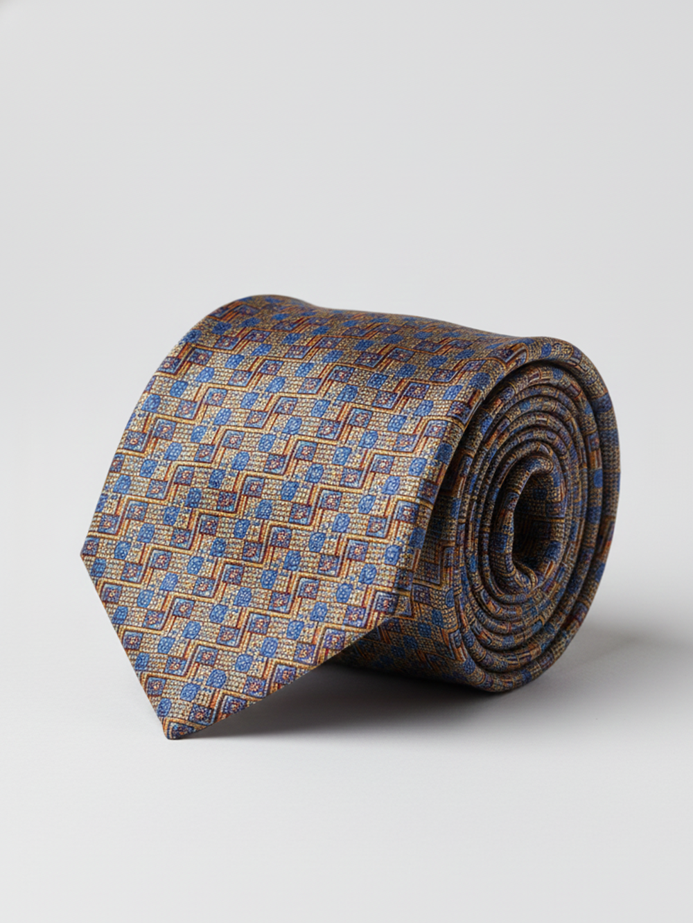Premium Men's 100% Silk Necktie – Luxury Gold, Blue, and Orange Geometric Mosaic Patterned Tie