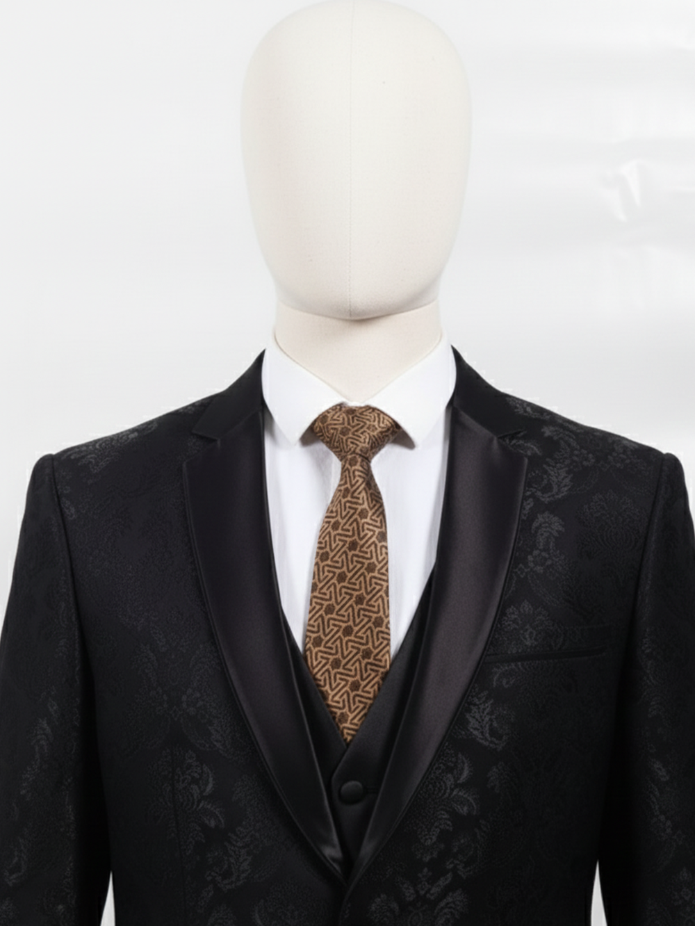 Premium Men's Silk-Blend Necktie – Espresso Brown and Tan Tie with Intricate Geometric Interlocking Chevron Maze Pattern