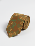 Premium Men's Silk-Blend Necktie – Chestnut Ochre Tan Tie with Elegant Green and Dull Gold Vintage Japanese Chrysanthemum Floral Pattern