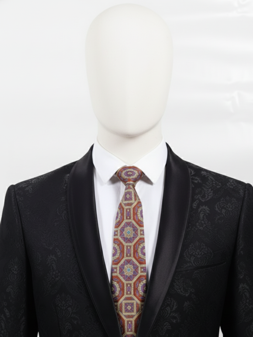 Premium Men's Silk-Blend Necktie – Terracotta Rust and Charcoal Grey Tie with Ornate Circular Medallions, Vintage Persian Rug Tapestry Pattern