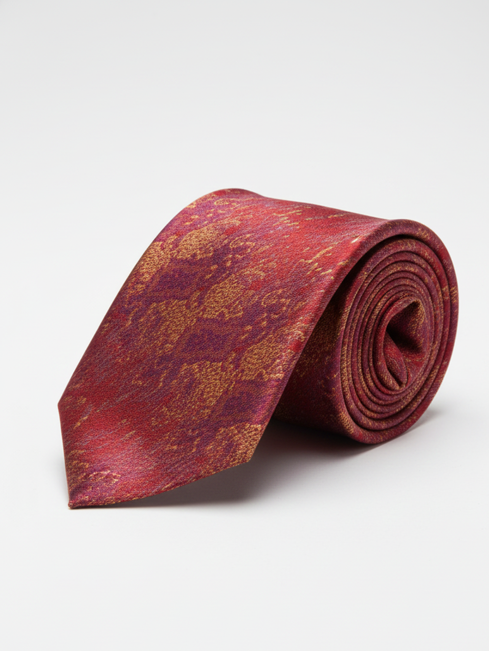 Premium Men's Silk-Blend Necktie – Vibrant Crimson Red and Plum Purple Tie with Elegant Metallic Gold Abstract Speckled Marble Splatter Pattern