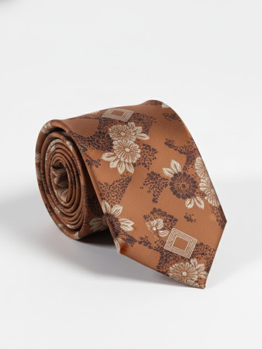 Premium Men's Silk-Blend Necktie – Chestnut Copper Brown Tie with Elegant Cream and Dark Brown Vintage Japanese Chrysanthemum Floral Pattern