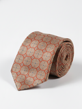 Premium Men's Silk-Blend Necktie – Cream Champagne Tie with Terracotta Orange and Light Blue Elegant Octagonal Geometric Mosaic Grid Pattern