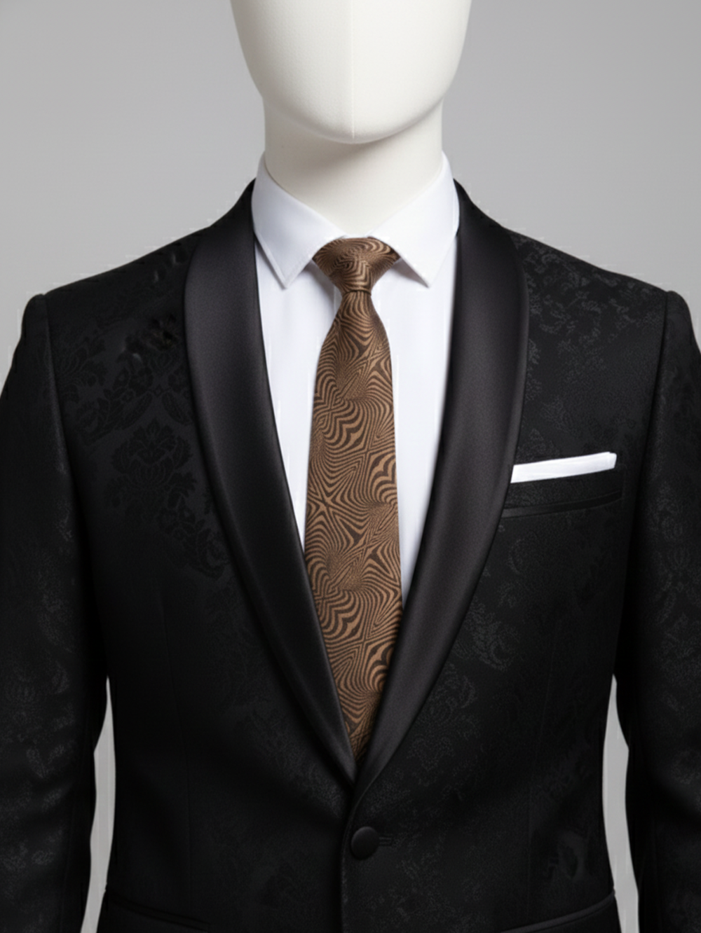 Premium Men's Silk-Blend Necktie – Espresso Chocolate Brown Tie with Elegant Copper-Tan Textured Wave and Concentric Diamond Geometric Pattern