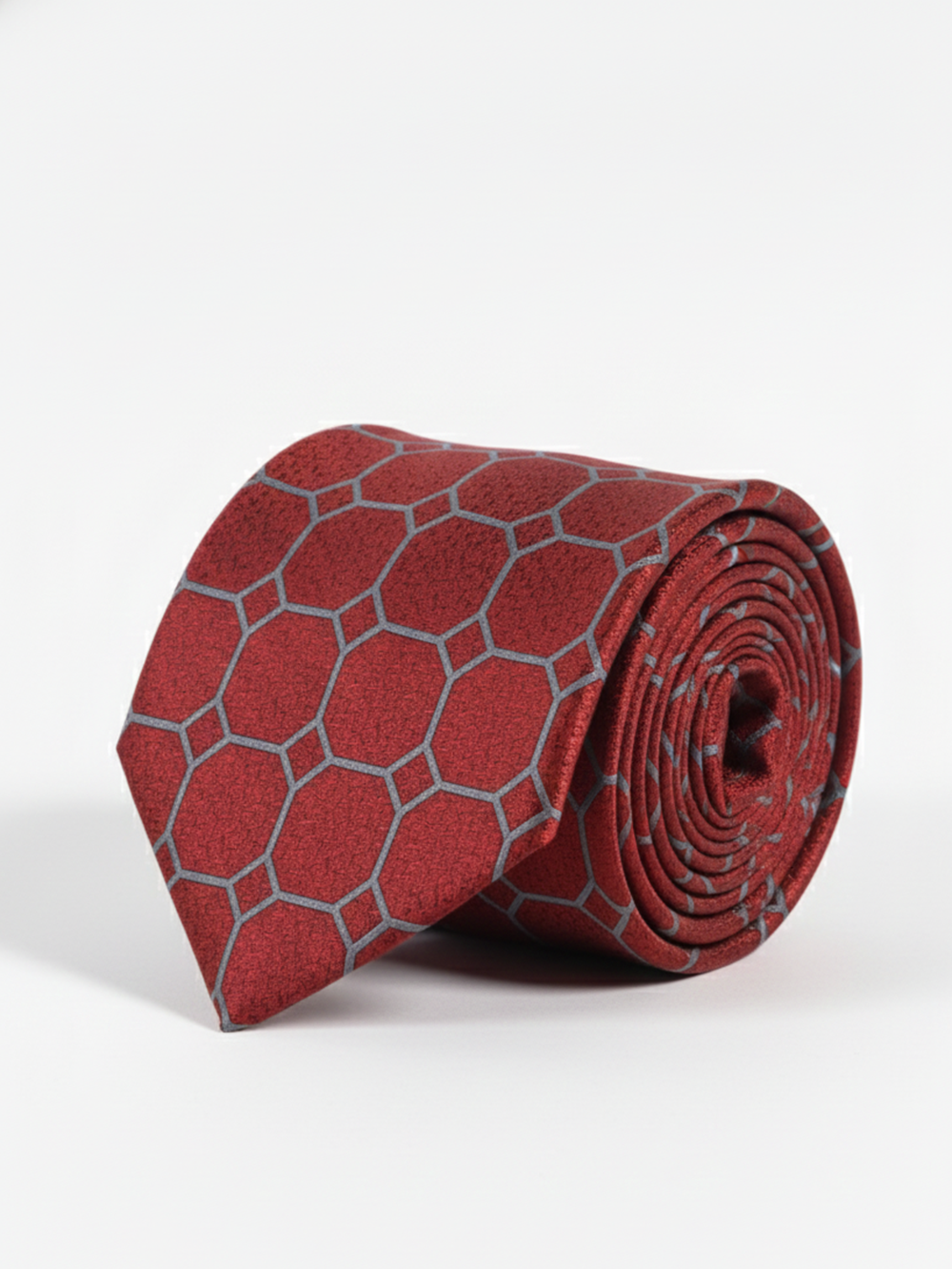 Premium Men's Silk-Blend Necktie – Crimson Red and Terracotta Tie with Antique Gold and Charcoal Vintage Baroque Floral Medallion Pattern
