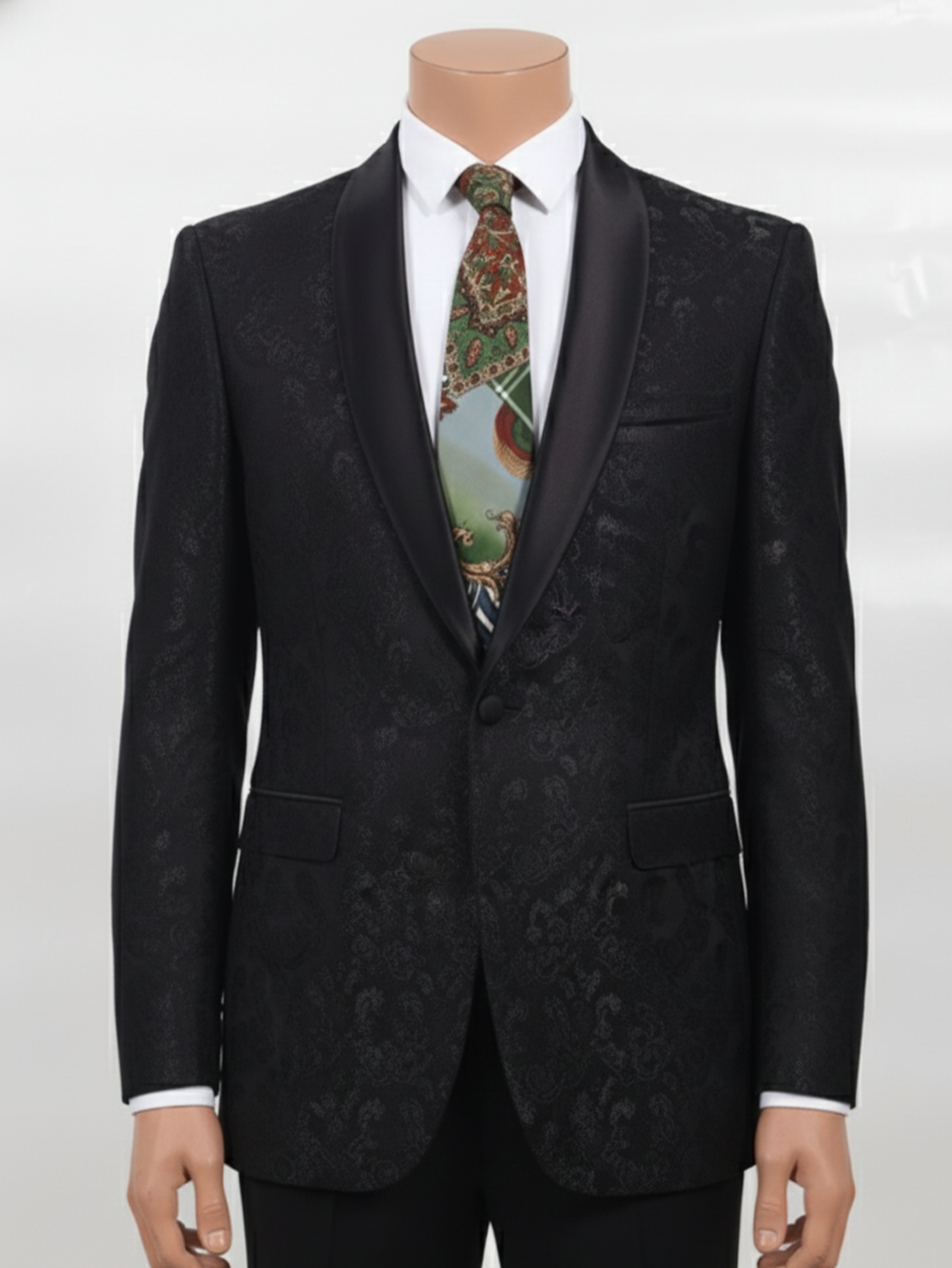 Premium Men's Silk-Blend Necktie – Artistic Multi-Color Patchwork Tie with Navy Blue, Forest Green, Gold Baroque Scroll, and Floral Tapestry Pattern