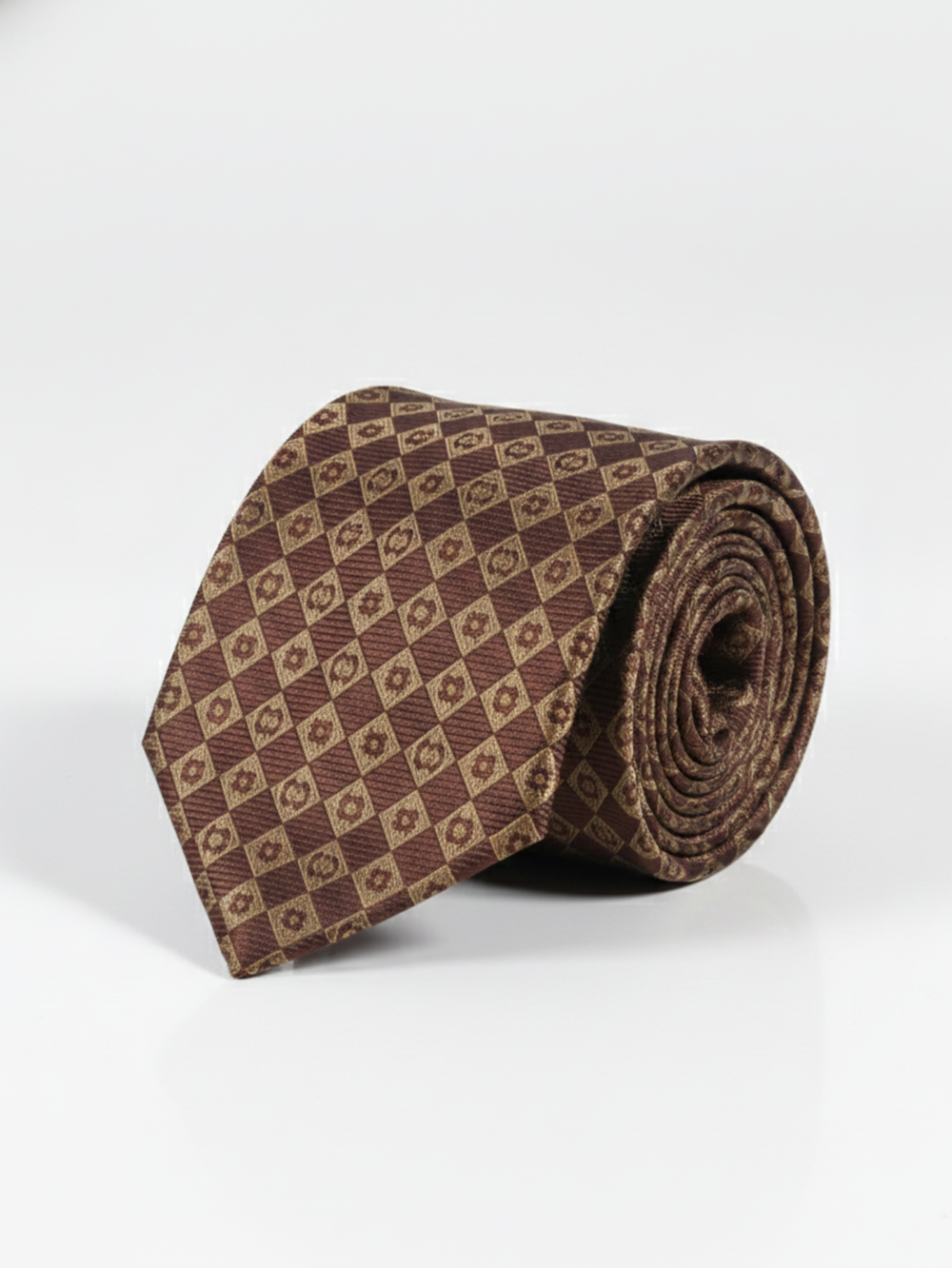 Premium Men's Silk-Blend Necktie – Espresso Brown and Tan Checkered Tie with Elegant Geometric Diamond Lattice and Micro Floral Pattern
