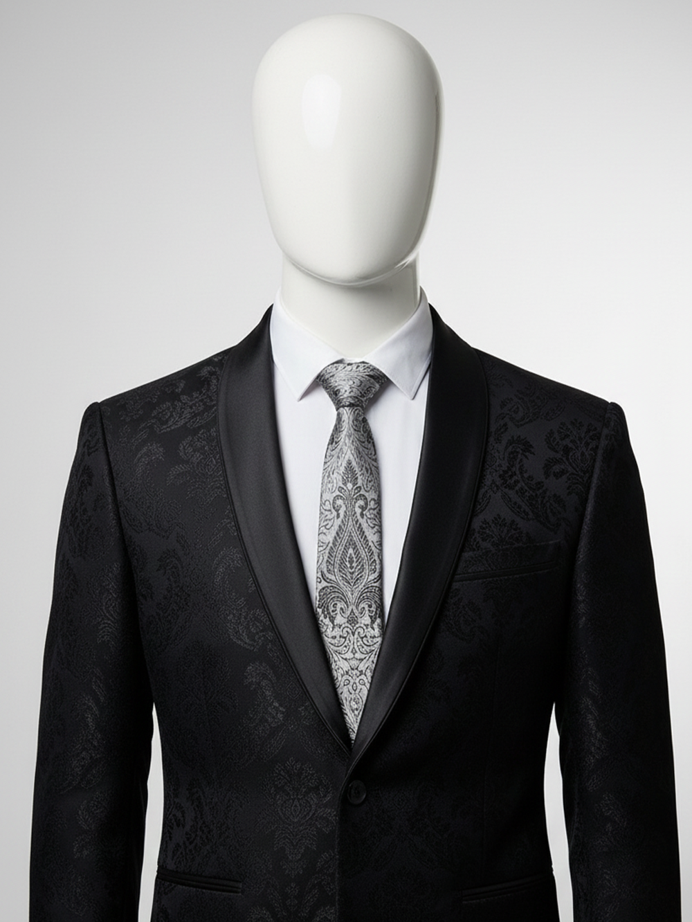 Premium Men's Silk-Blend Necktie – Metallic Silver and Grey Tie with Elegant Vintage Baroque Floral Damask Paisley Pattern