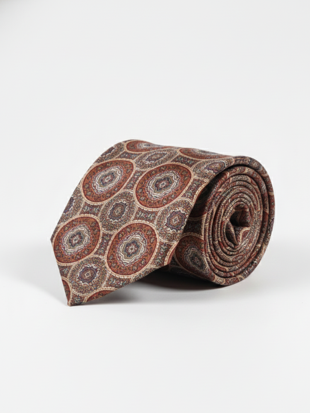 Premium Men's Silk-Blend Necktie – Terracotta Rust and Charcoal Grey Tie with Ornate Circular Medallions, Vintage Persian Rug Tapestry Pattern