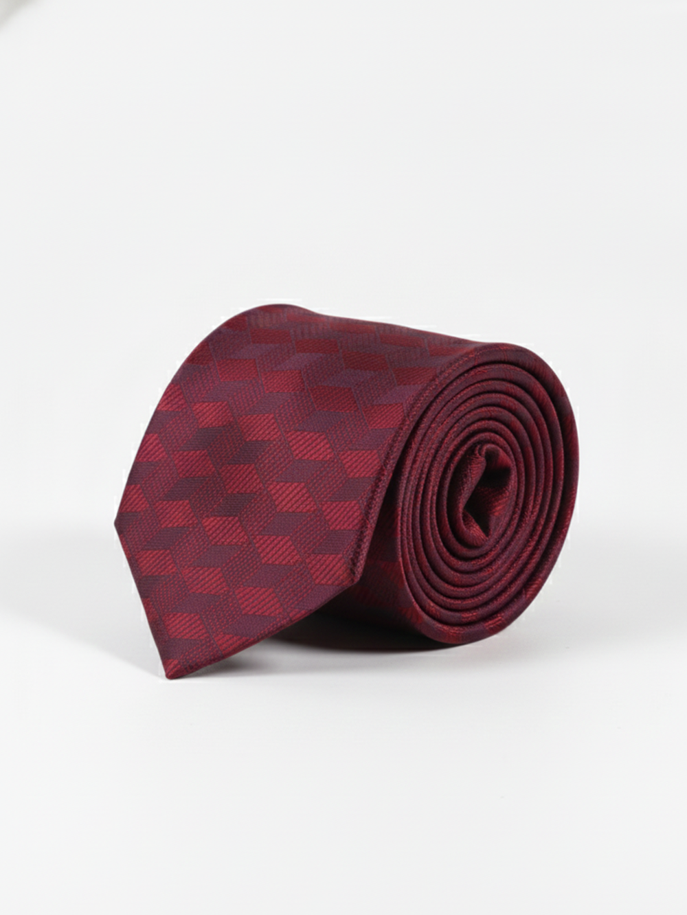 Premium Men's Silk-Blend Necktie – Rich Burgundy and Crimson Red Tie with Elegant 3D Isometric Geometric Cube Pattern