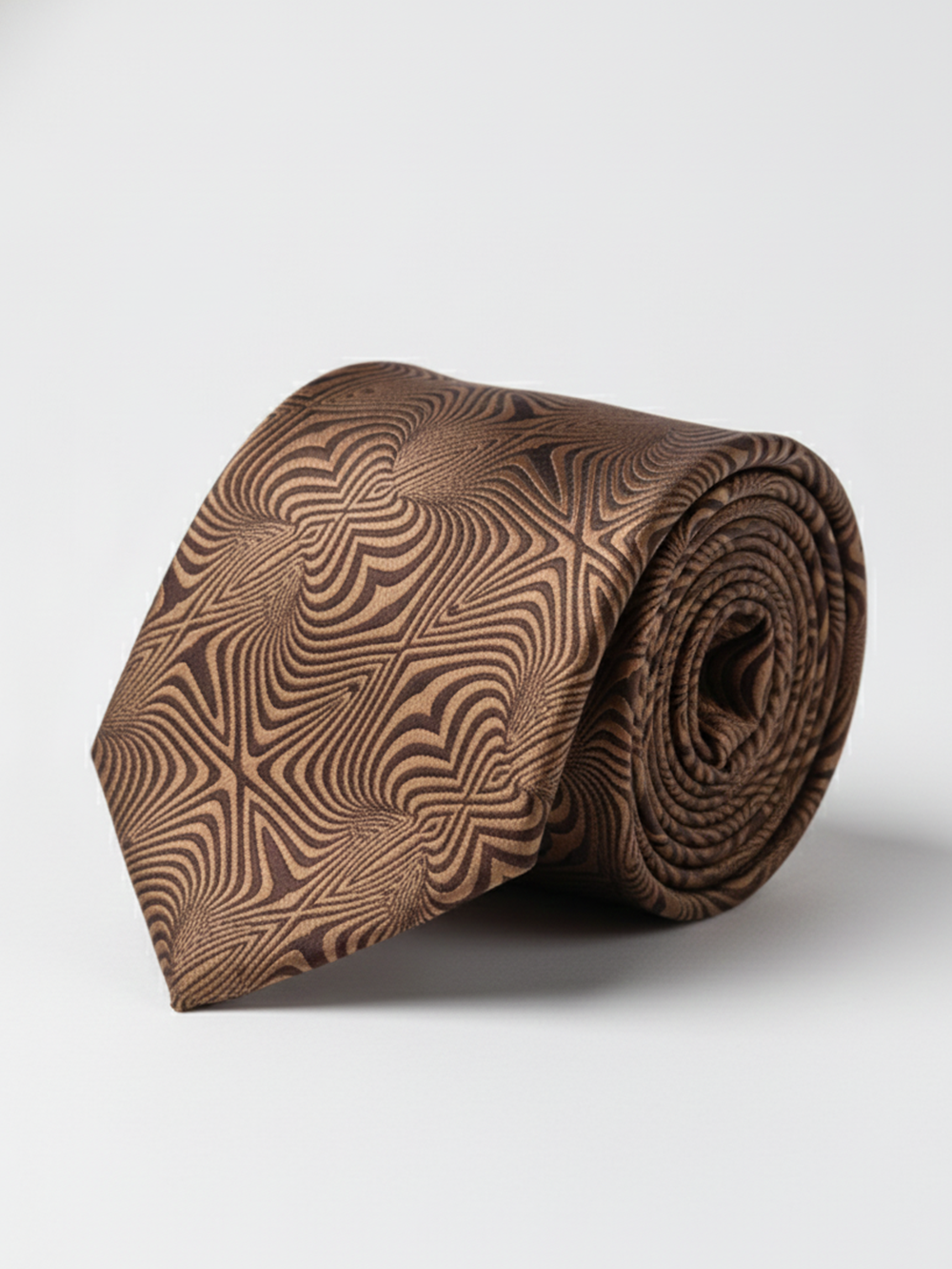 Premium Men's Silk-Blend Necktie – Espresso Chocolate Brown Tie with Elegant Copper-Tan Textured Wave and Concentric Diamond Geometric Pattern