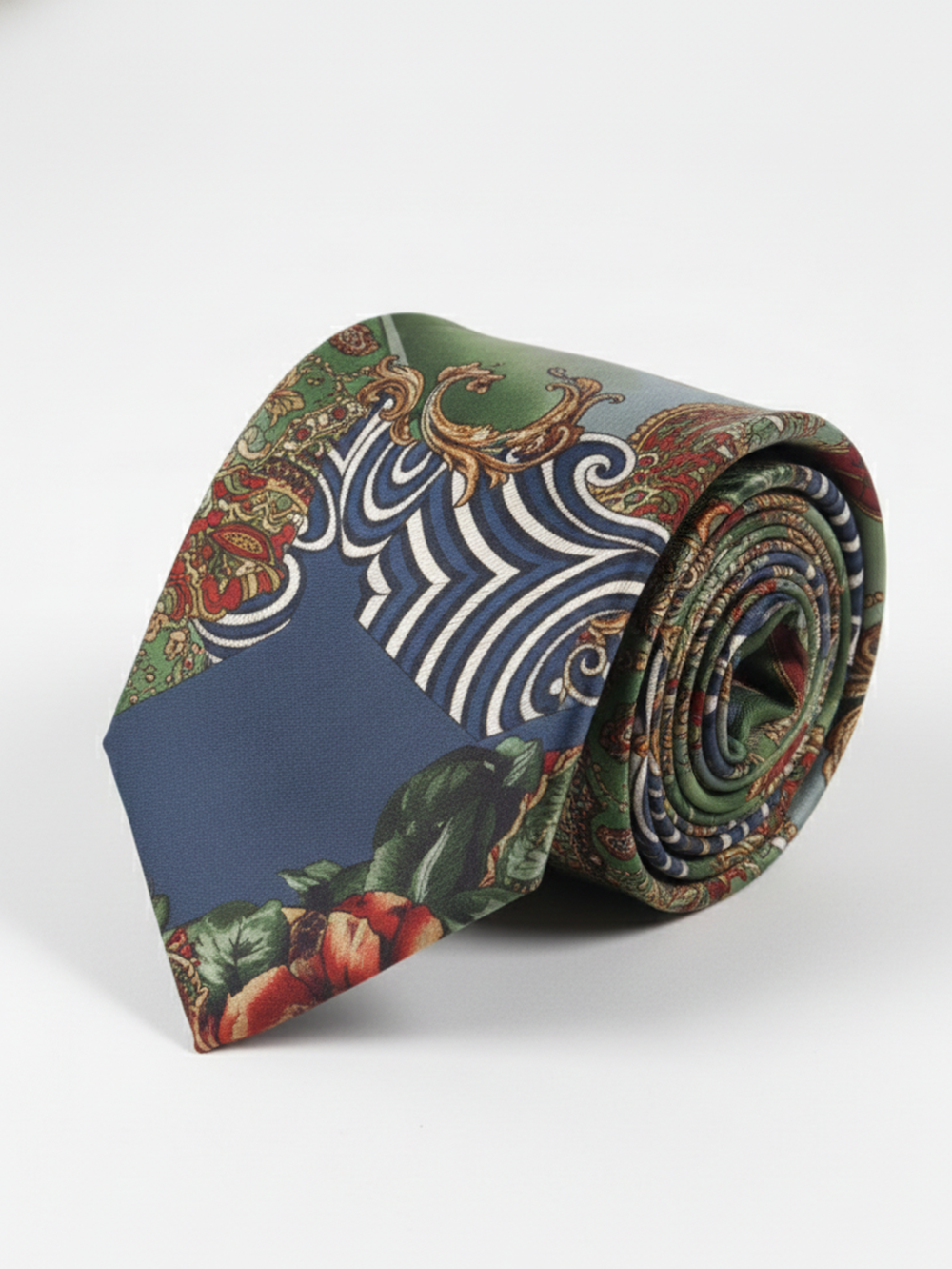 Premium Men's Silk-Blend Necktie – Artistic Multi-Color Patchwork Tie with Navy Blue, Forest Green, Gold Baroque Scroll, and Floral Tapestry Pattern