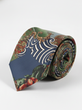 Premium Men's Silk-Blend Necktie – Artistic Multi-Color Patchwork Tie with Navy Blue, Forest Green, Gold Baroque Scroll, and Floral Tapestry Pattern