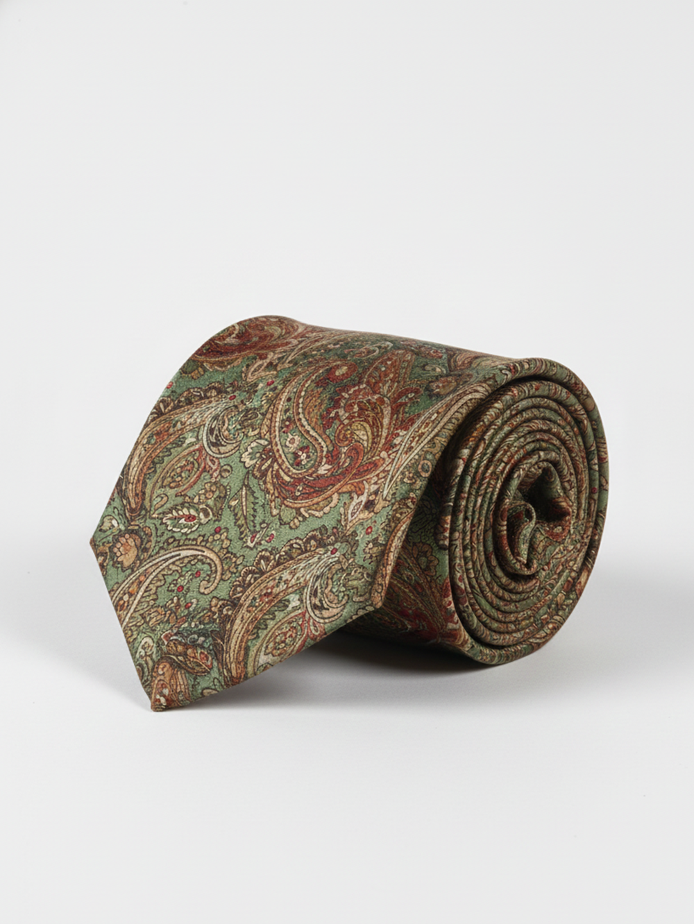 Premium Men's Paisley Silk-Blend Necktie – Sage Olive Green Tie with Terracotta Rust, Tan, and Burgundy Vintage Jacquard Motif
