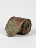 Premium Men's Paisley Silk-Blend Necktie – Sage Olive Green Tie with Terracotta Rust, Tan, and Burgundy Vintage Jacquard Motif