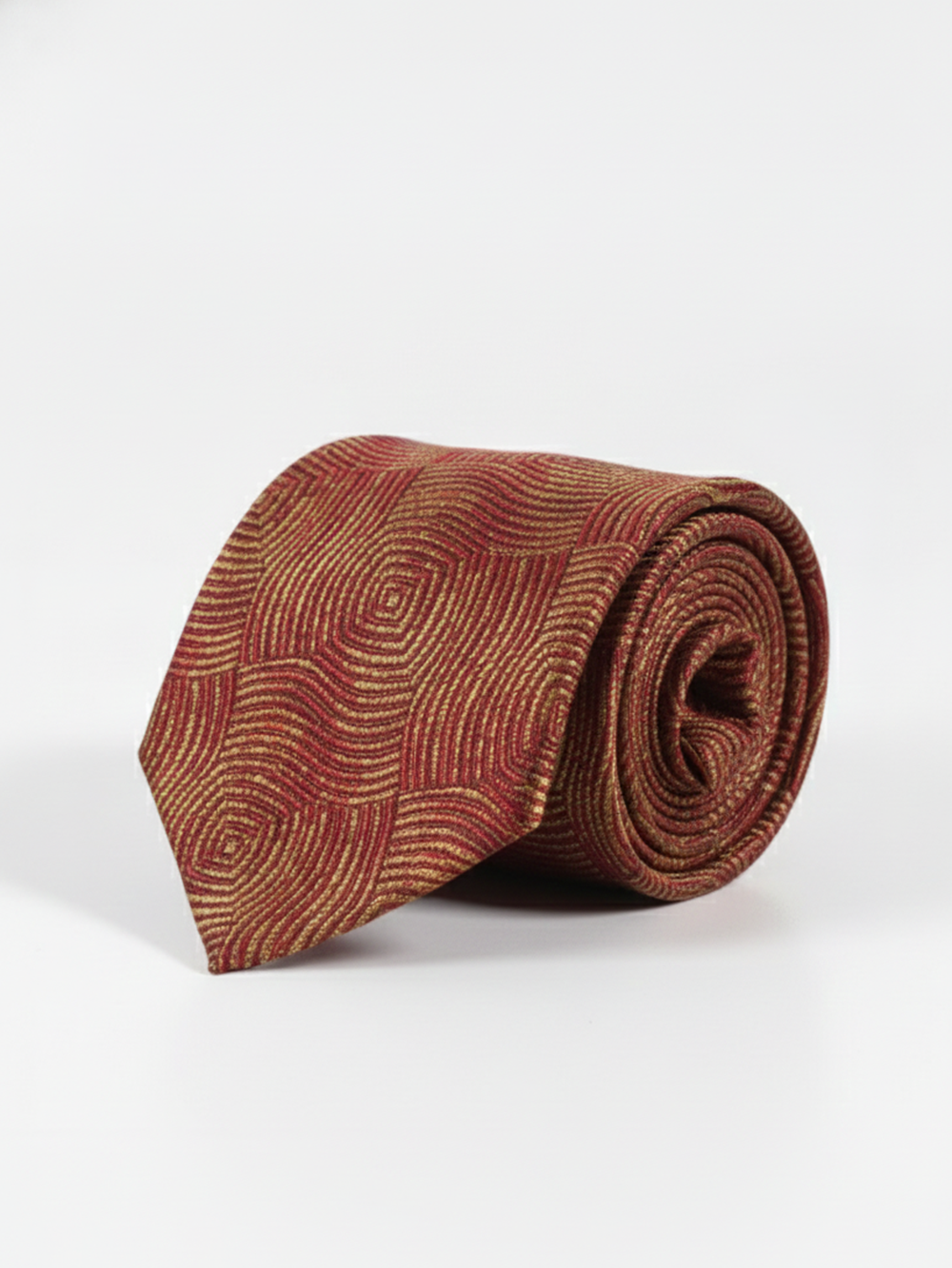 Premium Men's Silk-Blend Necktie – Crimson Burgundy Red Tie with Elegant Antique Gold Textured Wave and Concentric Diamond Geometric Pattern