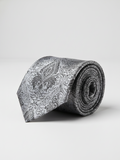 Premium Men's Silk-Blend Necktie – Metallic Silver and Grey Tie with Elegant Vintage Baroque Floral Damask Paisley Pattern