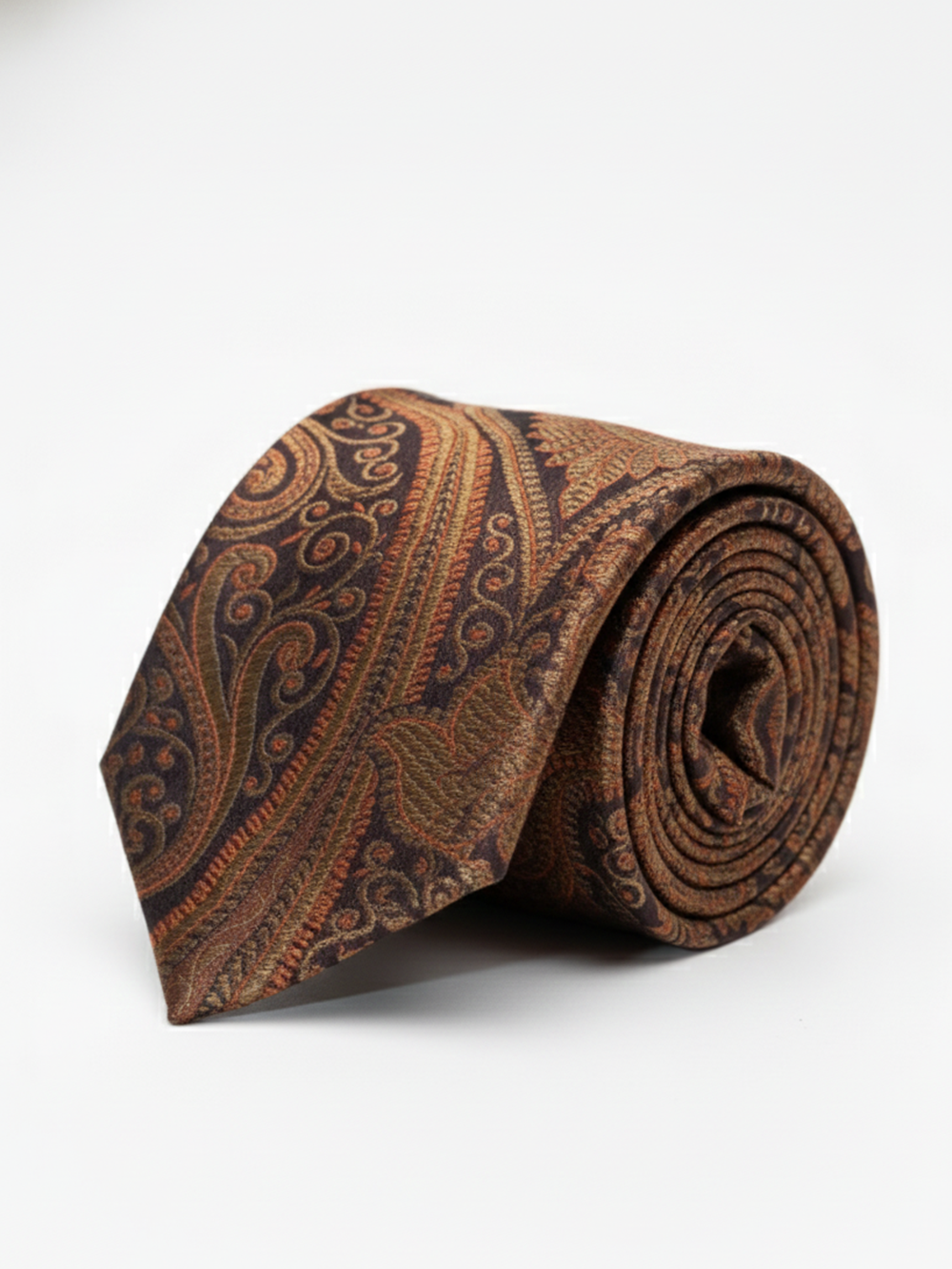 Premium Men's Paisley Silk-Blend Necktie – Dark Chocolate Brown Tie with Copper, Bronze, and Gold Vintage Jacquard Motif