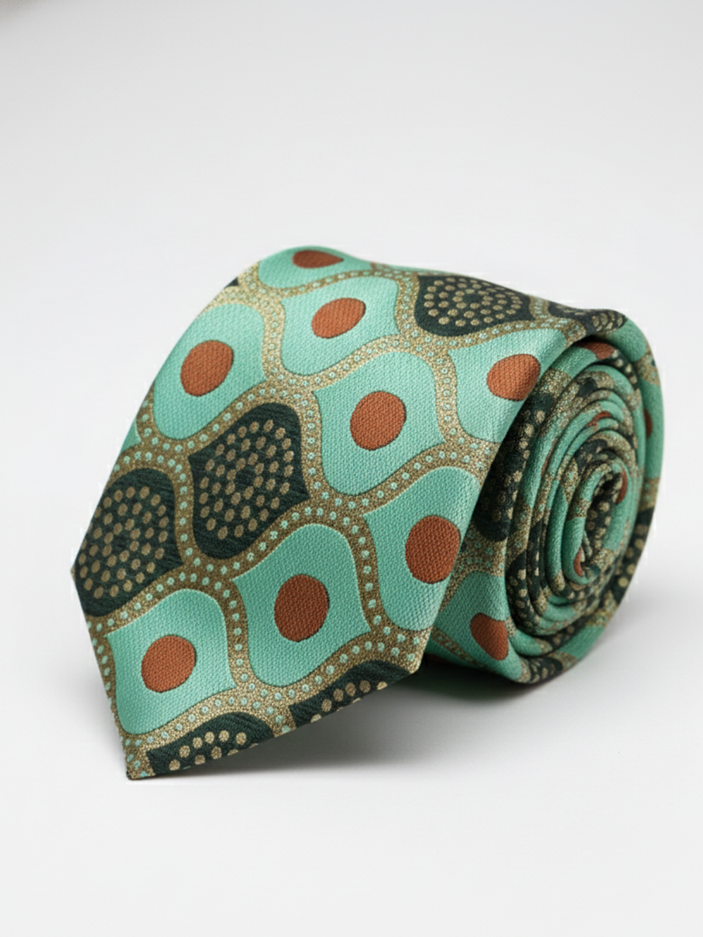 Premium Men's Silk-Blend Necktie – Mint Green and Teal Tie with Terracotta Orange Dots, Gold Accents, and Retro Geometric Mosaic Pattern