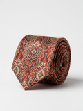 Premium Men's Silk-Blend Necktie – Terracotta Rust Red Tie with Antique Gold, Tan, and Brown Vintage Baroque Floral Damask Tapestry Pattern