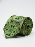Premium Men's Silk-Blend Necktie – Matte Black Tie with Vibrant Lime Green, Olive, and Gold Vintage Baroque Circular Medallion Pattern