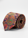 Premium Men's Silk-Blend Necktie – Navy Blue and Antique Gold Tie with Vibrant Pink, Orange, and Green Vintage Baroque Floral Tapestry Pattern