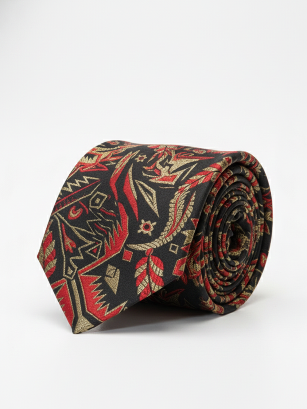 Premium Men's Silk-Blend Necktie – Matte Black Tie with Red and Metallic Gold Abstract Geometric Tribal Motif
