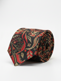 Premium Men's Silk-Blend Necktie – Matte Black Tie with Red and Metallic Gold Abstract Geometric Tribal Motif