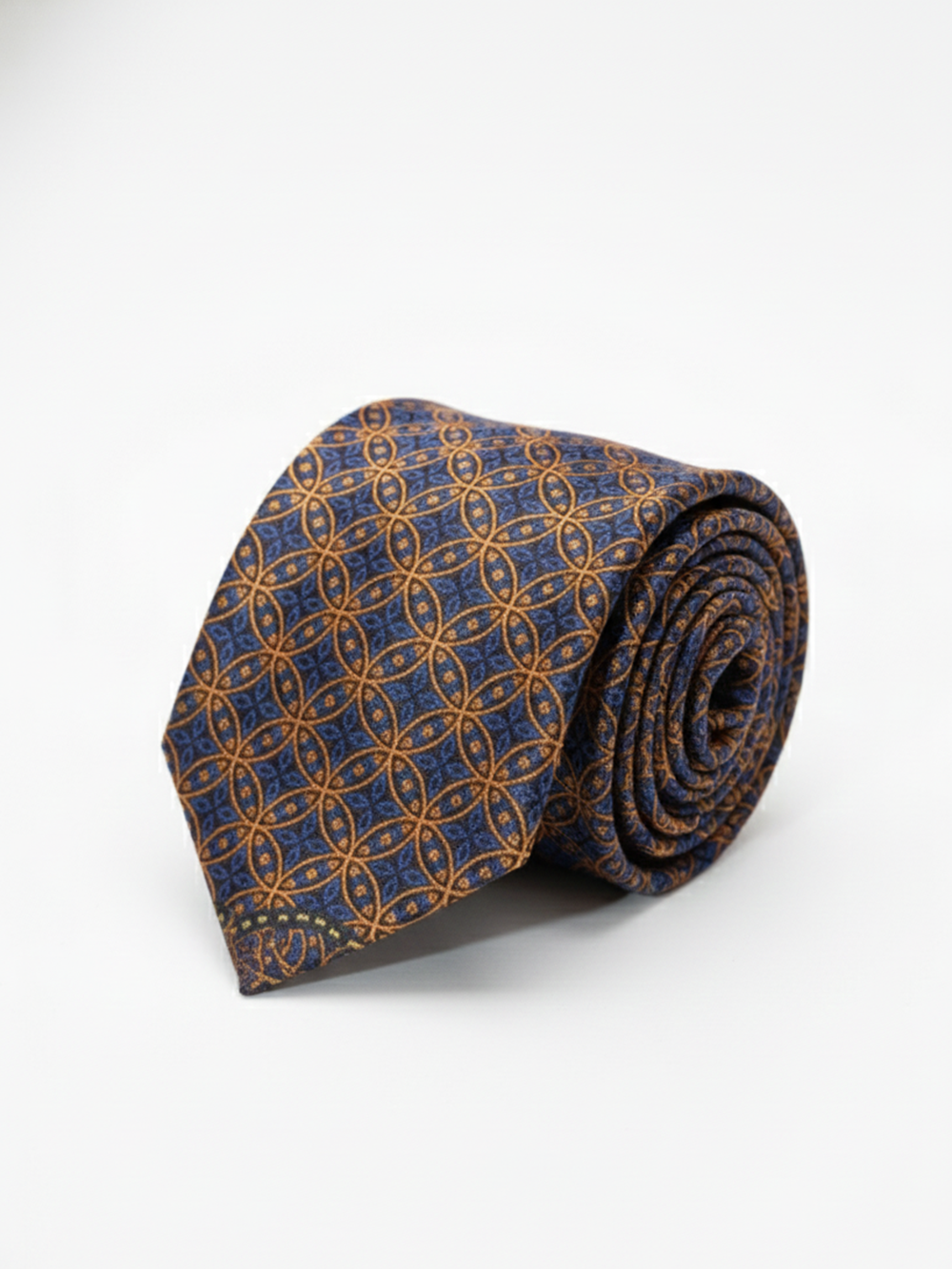 Premium Men's Silk-Blend Necktie – Navy Blue and Bronze Copper Tie with Elegant Geometric Interlocking Circle Medallion Pattern