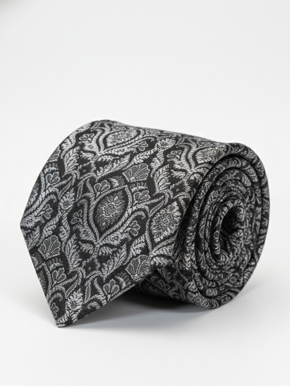 Premium Men's Silk-Blend Necktie – Classic Charcoal Black and Silver Grey Tie with Elegant Vintage Damask Baroque Floral Pattern