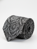 Premium Men's Silk-Blend Necktie – Classic Charcoal Black and Silver Grey Tie with Elegant Vintage Damask Baroque Floral Pattern
