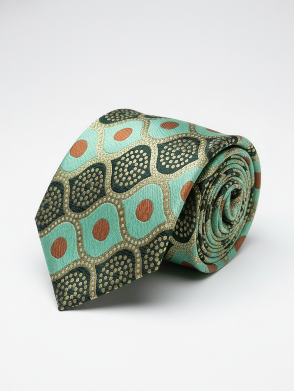 Premium Men's Silk-Blend Necktie – Mint Green and Sage Tie with Terracotta Orange Dots, Gold Accents, and Retro Geometric Mosaic Pattern