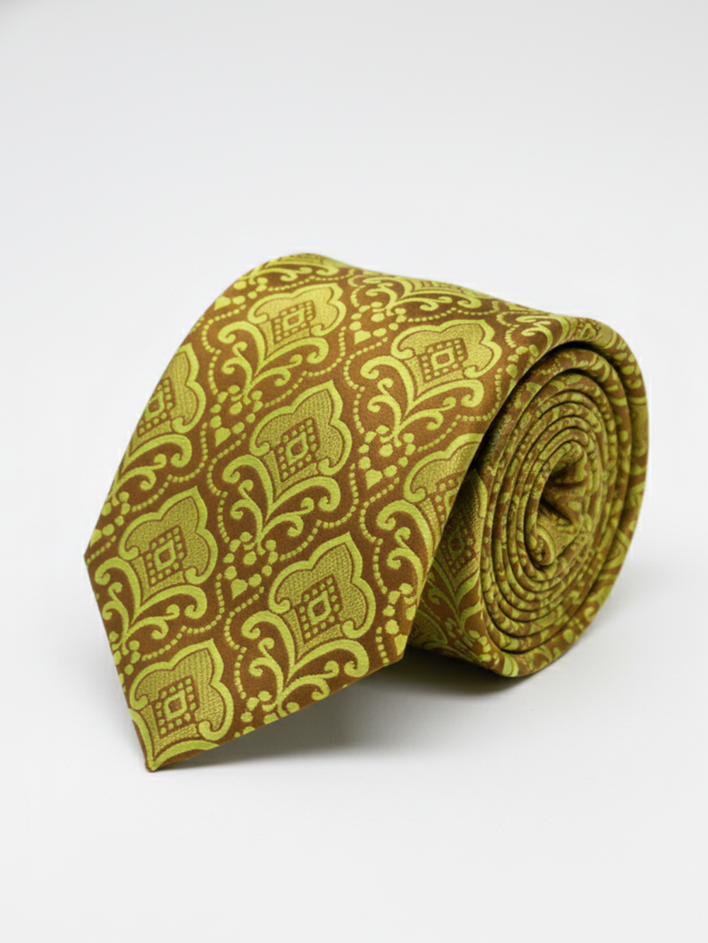 Premium Men's Silk-Blend Necktie – Olive Green and Mustard Gold Tie with Elegant Vintage Baroque Floral Medallion Pattern