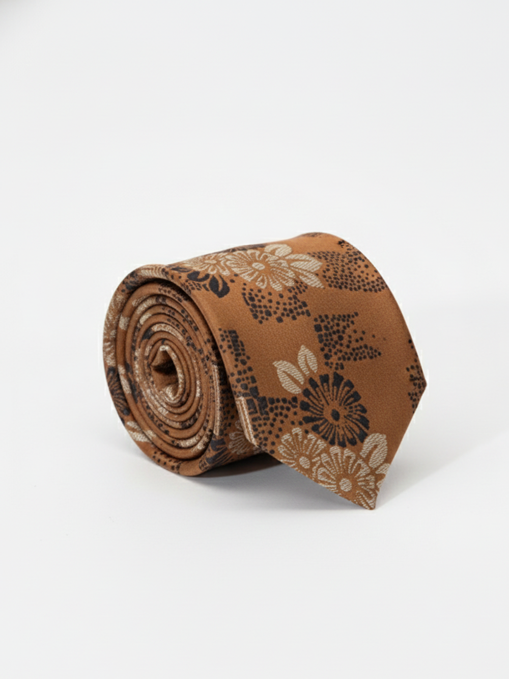 Premium Men's Silk-Blend Necktie – Vintage Chestnut Brown and Copper Tie with Elegant Cream Floral Pattern