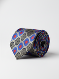 Premium Men's Silk-Blend Necktie – Vibrant Royal Blue Tie with Red Dots, Gold Accents, and Retro Geometric Mosaic Pattern