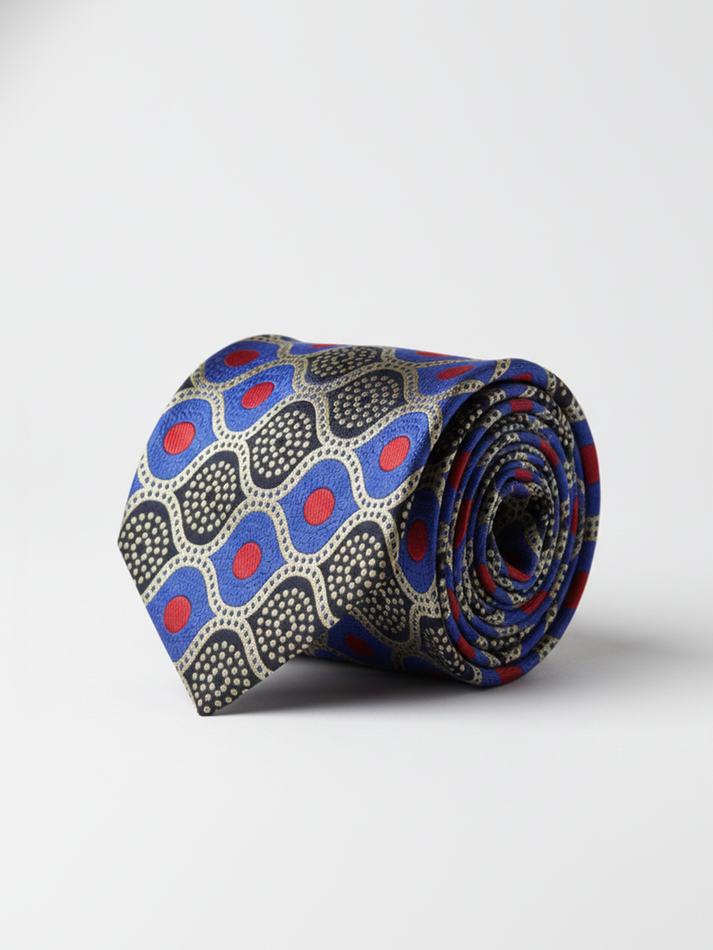 Premium Men's Silk-Blend Necktie – Vibrant Royal Blue Tie with Red Dots, Gold Accents, and Retro Geometric Mosaic Pattern