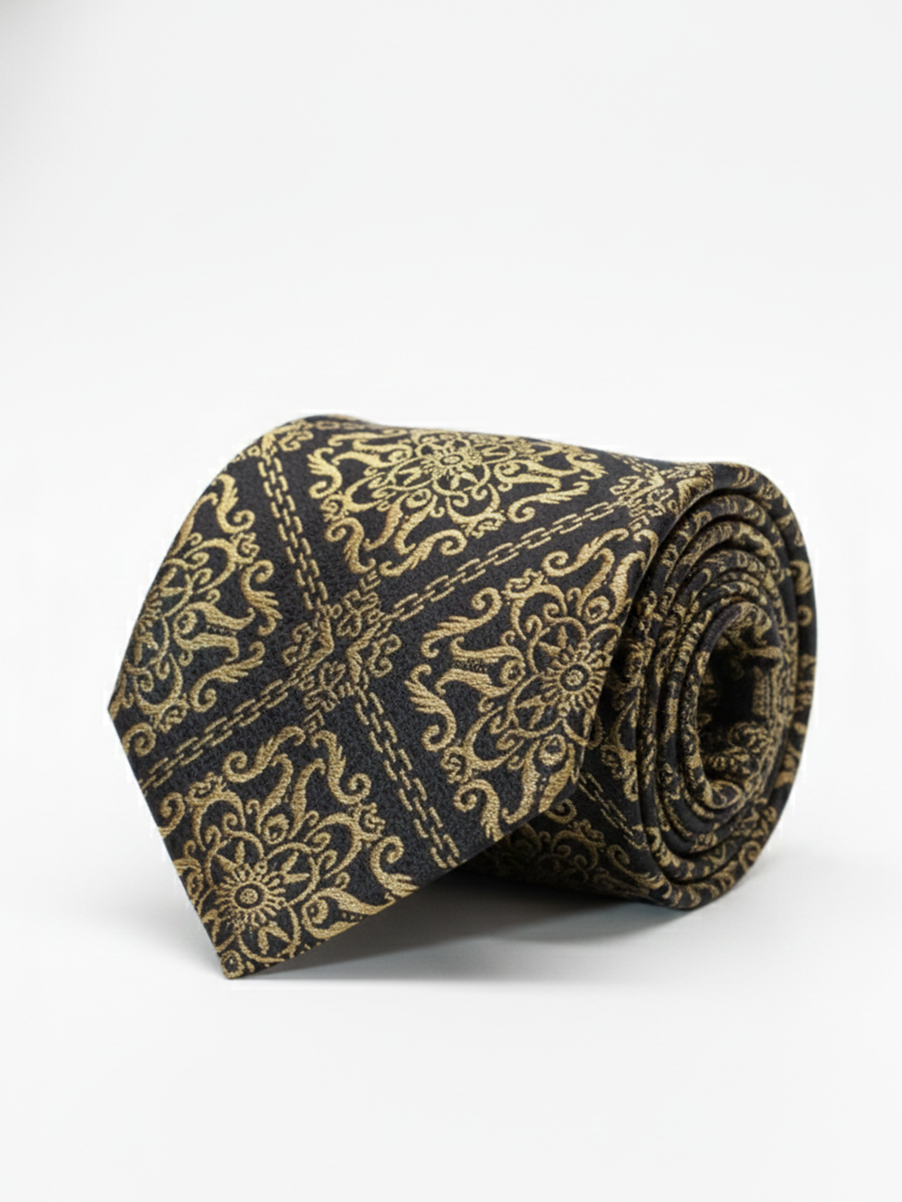 Premium Men's Silk-Blend Necktie – Black and Gold Tie with Elegant Vintage Baroque Floral Medallion Pattern