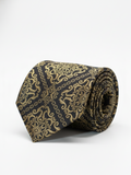 Premium Men's Silk-Blend Necktie – Black and Gold Tie with Elegant Vintage Baroque Floral Medallion Pattern