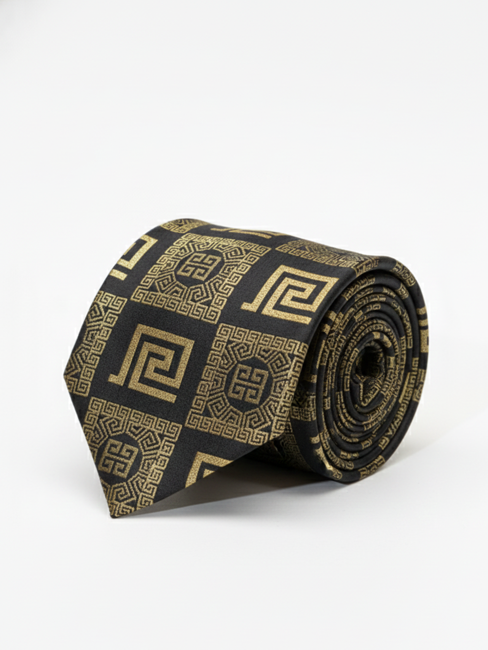 Premium Men's Silk-Blend Necktie – Classic Black and Metallic Gold Tie with Luxury Ancient Greek Key and Meander Geometric Pattern