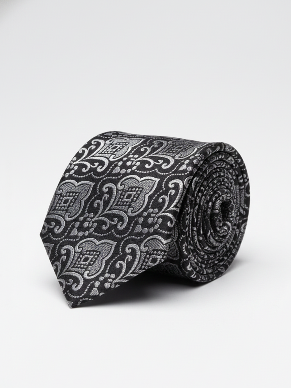 Premium Men's Silk-Blend Necktie – Charcoal Black and Metallic Silver Tie with Elegant Vintage Damask Baroque Pattern