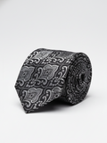 Premium Men's Silk-Blend Necktie – Charcoal Black and Metallic Silver Tie with Elegant Vintage Damask Baroque Pattern