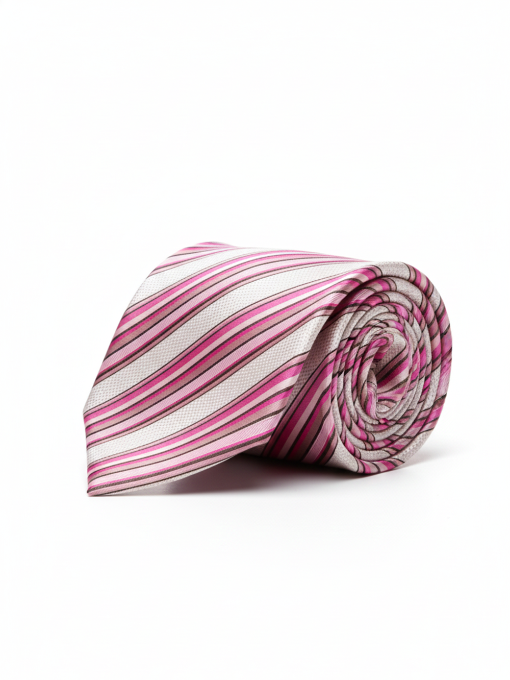 Premium Men's Striped Silk-Blend Necktie – White and Pink Diagonal Stripe Tie with Magenta and Maroon Accents