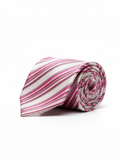 Premium Men's Striped Silk-Blend Necktie – White and Pink Diagonal Stripe Tie with Magenta and Maroon Accents