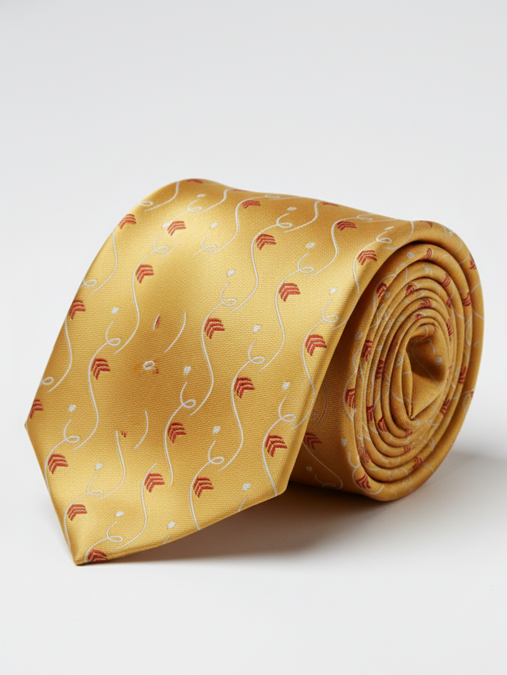 Premium Men's Silk-Blend Necktie – Mustard Gold Tie with Elegant White Swirls and Red Chevron Accents